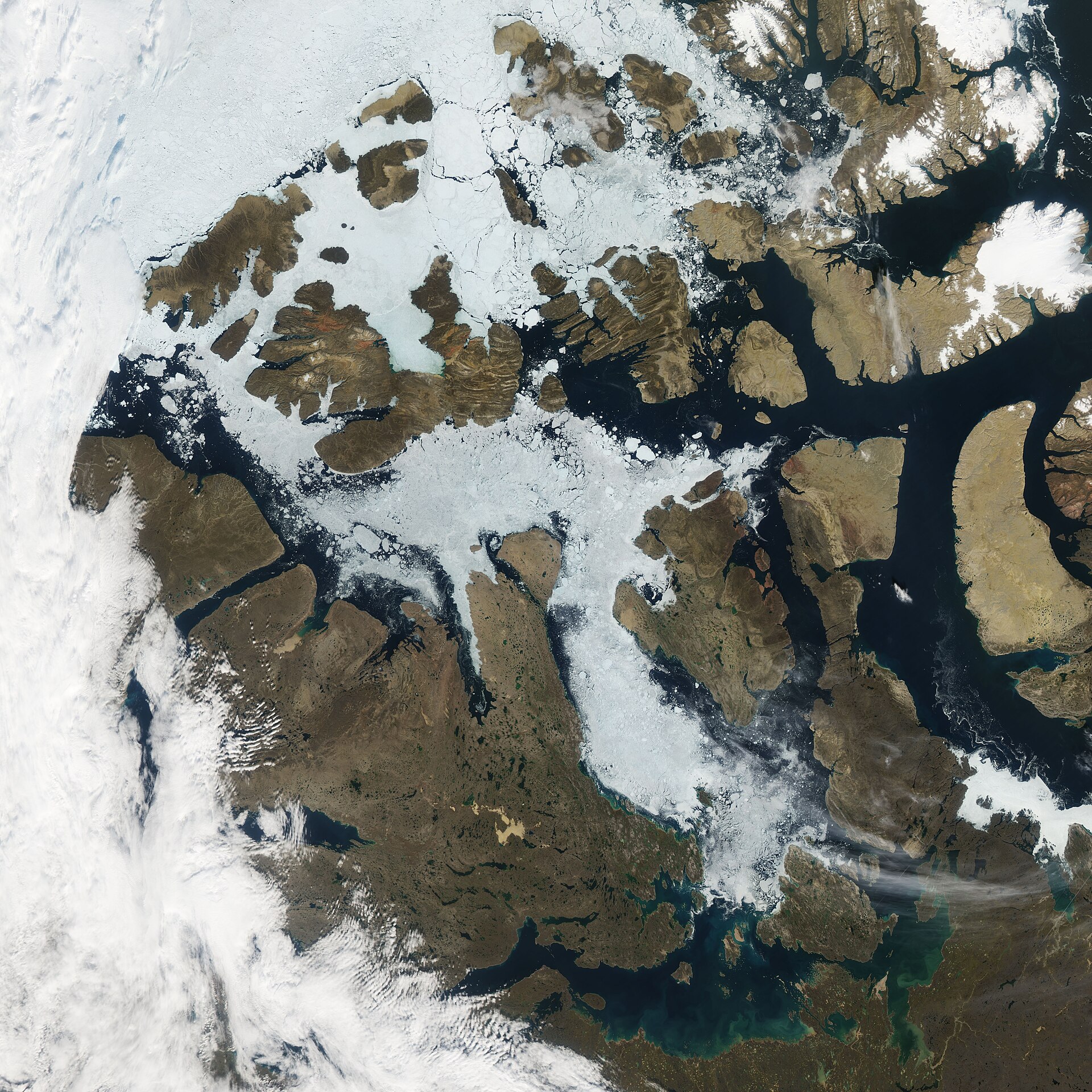 Satellite image of the Canadian Arctic Archipelago with open water through the Northwest Passage